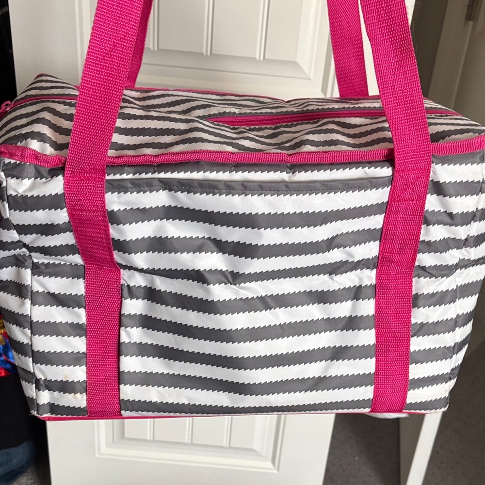 Thirty-One Pink and Gray Striped insulated Travel Bag cooler
